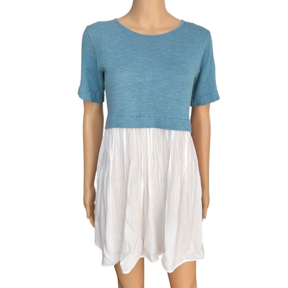 Thought Clothing Blue & White Organic Cotton Linen Babydoll Tunic Dress Sz 36/S